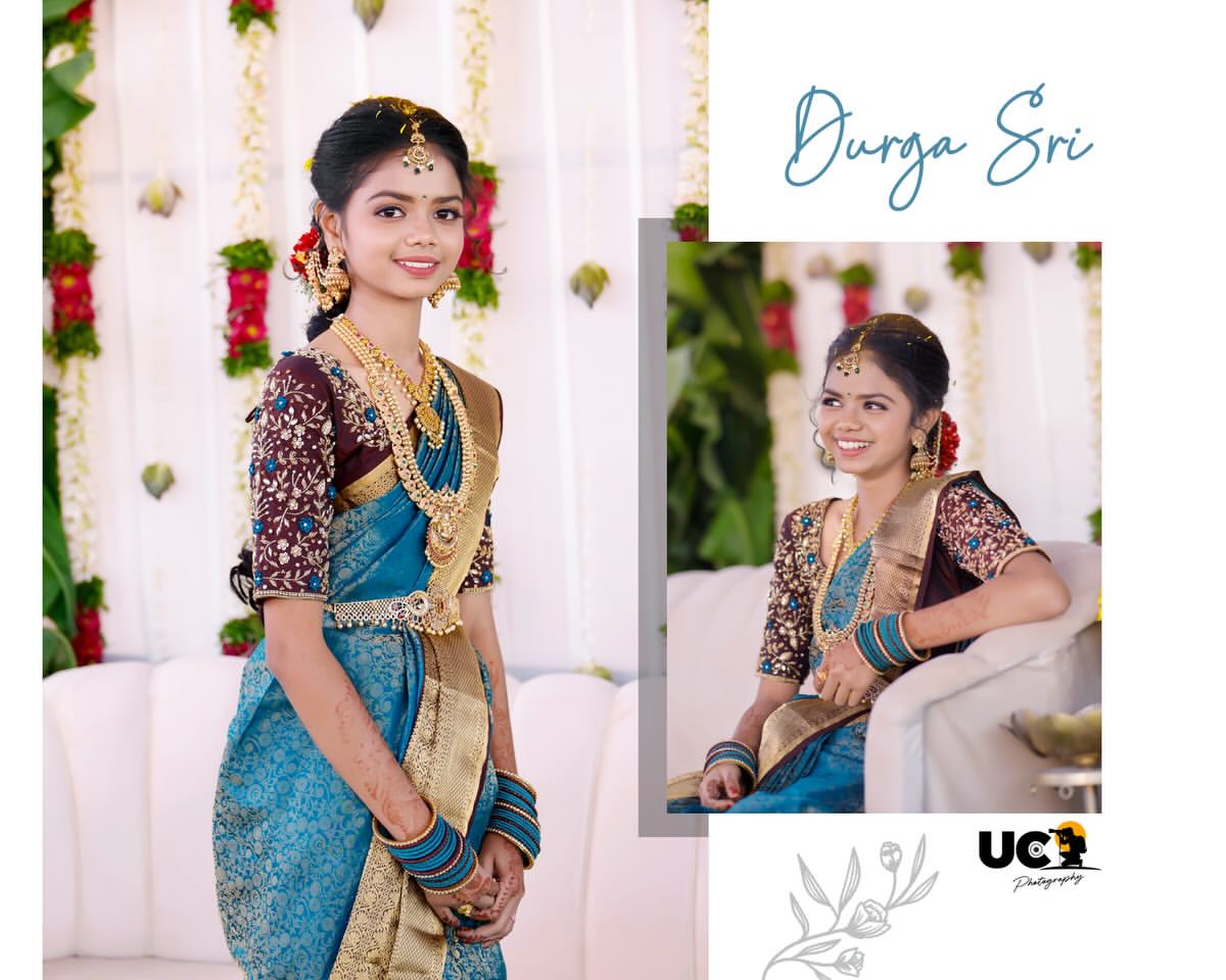 Bride Durga Sri in a teal Kanjeevaram saree and temple jewellery on her muhurtham morning