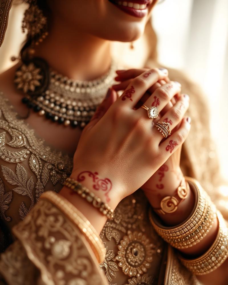 Close detail of bridal jewellery and henna